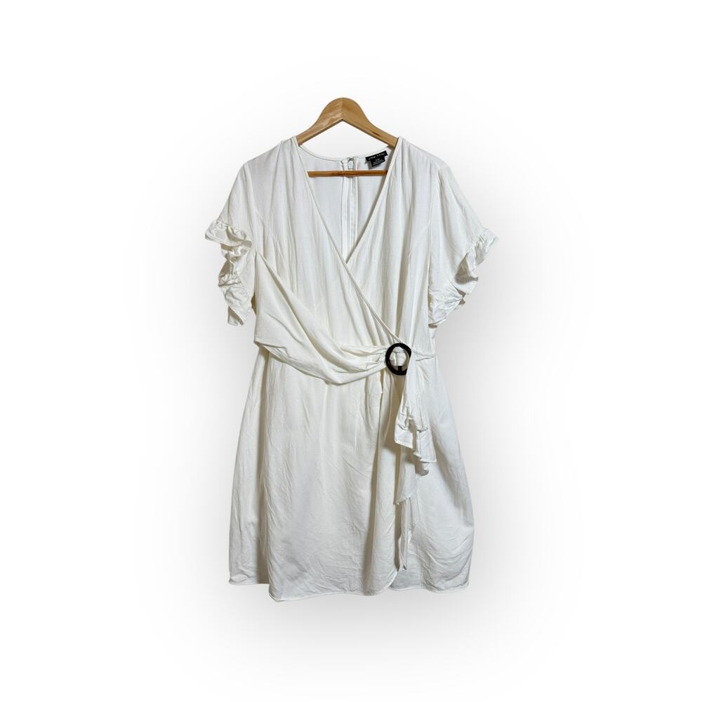 City Chic Women’s White Ruffle Faux Wrap Mini Dress Linen Blend S/16